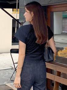 DAZY Women's Form-Fitting Asymmetric Hem Cinched-Waist T-Shirt Summer - Navy Blue - View 4