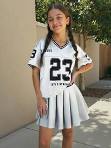 Tween Mädchen Street Style Stricknetzstoff Bedrucktes V-Ausschnitt Kurzarm-Top & Faltenrock 2 Stücke Set, Y2K Fashion Punk Style, süß & cool, Zurück zur Schule