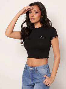 SHEIN Unity Top Sagittarius Embroidered Astrology Star Sign Everyday Casual Streetwear Lettuce Hem Birthday Gift Cotton Thanksgiving Christmas NYE New Years Eve Outfits For Women T Shirt - Black - View 7