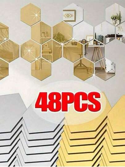 48 件六角形亚克力镜面墙贴，可移除装饰镜，六角形艺术装饰品，适用于家居装饰墙面装饰房间装饰墙镜，适用于房间浴室装饰客厅装饰