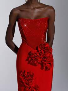 SHEIN Belle Elegant And Gorgeous Red Elastic Sequins Stitching Elastic Knitted Handmade Three-Dimensional Flower Embellishment Sailboat Collar Tube Fishtail Dress, Suitable For Dating Single Party Ceremony Formal Occasion Dinner Dress, Wedding Guest Dress, Evening Dress, Gown - Red - View 2