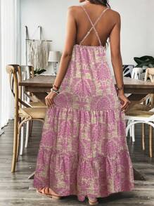 Breezaya Women's Folk Floral Print Spaghetti Strap Crossed Waist Loose Knee-Length Dress Maxi Women Outfit - Pink - View 2