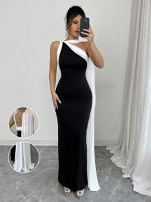 Rafferiza Elegantes Damen Kleid mit Kontrast in Schwarz & Weiß, Elastisch, Mesh-Raffung am Saum, Lang für Frühling/Sommer - Schwarz und Weiss - Übersicht 1