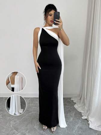 Rafferiza Elegant svart & vit kontrastfärg Elastiskt passande mesh volangfåll lång klänning för kvinnor, vår/sommar