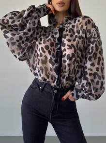 Firerie Blusa holgada con decoración de volantes de estampado de leopardo, elegante y romántica, adecuada para fiesta, vacaciones, vuelta al colegio, cita romántica, boda y cumpleaños - Multicolor - Ver 2