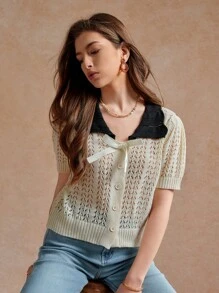 Écloséra Áo len cardigan nữ kiểu Pháp rộng rãi, cổ bẻ, tay ngắn, màu tương phản, khoét sâu, đen trắng, nhẹ, mùa xuân/hè - Đen và trắng - Xem 3