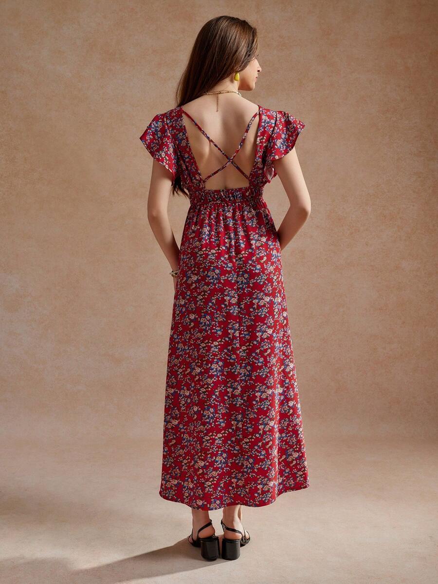 Écloséra Summer Holiday V-Neck Sleeveless Waist Drawstring High Slit Backless Dress - Red - View 1