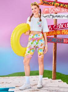 SHEIN X Care Bears 女士可爱卡通熊印花骑行短裤，夏季