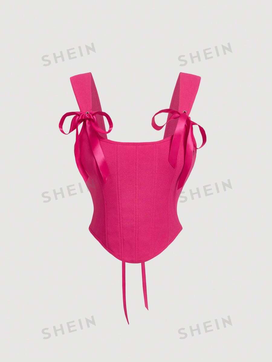 SHEIN MOD Top corset con lazo delantero y espalda anudada, color rosa oscuro, para ocasiones festivas como Navidad, Año Nuevo o Acción de Gracias
