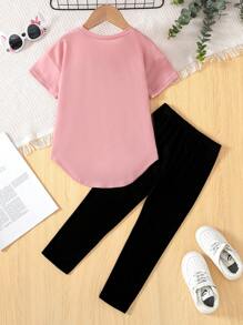 2 件套年轻女孩休闲简约复活节兔子图案短袖上衣和紧身裤套装，适合夏季 - 彩色 - 查看 2