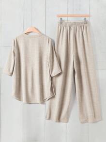 SHEIN LUNE Setelan Kemeja dan Celana Wanita Warna Polos Model V-Neck, Pakaian Kasual Sehari-hari, Pakaian Bisnis Kasual Wanita - Khaki - View 2