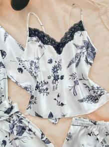 女士 3 件套：优雅花卉印花蕾丝拼接吊带背心、裤子和长袍