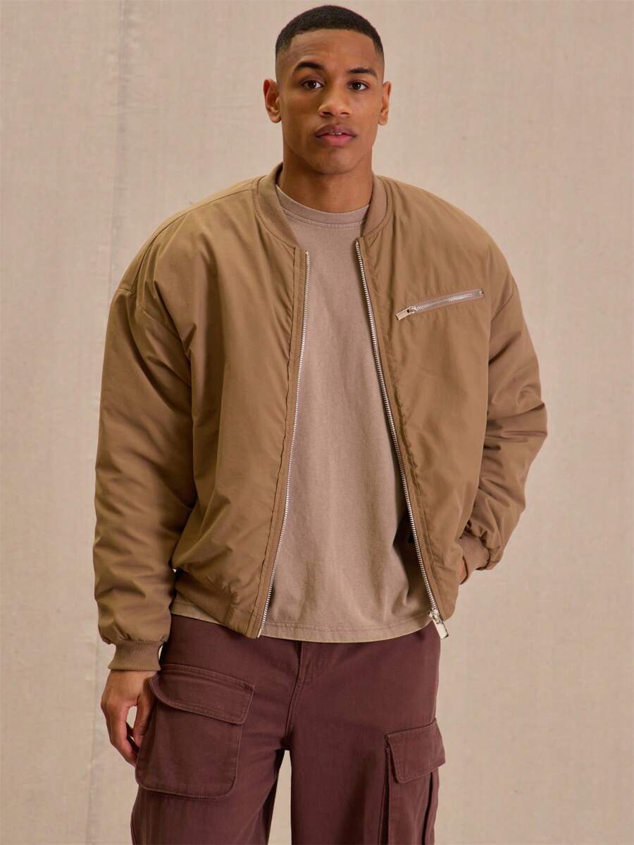 Musero Men Lightweight Zip Through Pocket Detail Ribbed Cuffed Bomber Jacket - Brown - View 1