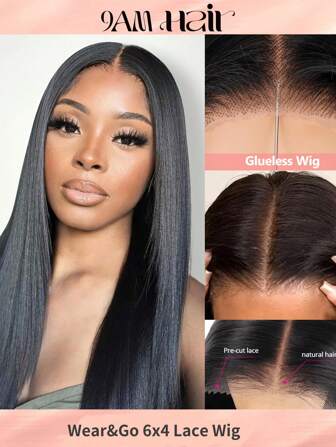 Wear&Go 6X4 150% Density Glueless Human Hair Wig Straight Transparent Lace Frontal Wig Ready To Wear Pre Plucked Pre Cut Lace Closure Wig Brazilian Beginner Friendly Natural Black Color