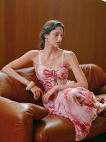 Chiquease 女士系带细节数码印花吊带中长连衣裙 - 粉色 - 查看 3