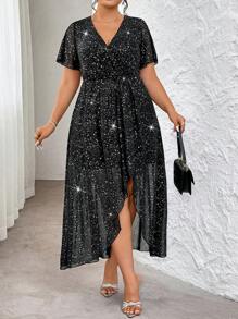 SHEIN Clasi Plus Size Gold Foil Net Ruffled Sleeve Dress, Elegant Party Wear, Spring/Summer - Black - View 3