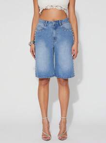 SHEIN Unity Short Jort Spring Pearl Detail 5 Pockets Baggy Festival Summer Denim Streetwear Brunch Preppy Thanksgiving Christmas NYE New Years Eve Outfits For Women - Blue - View 8