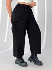 SHEIN EZwear 大码女式黑色休闲慢跑裤带口袋