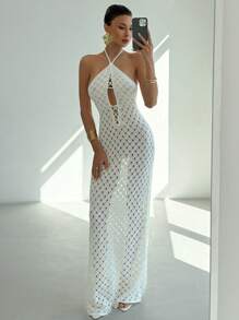 Aloruh New Summer Crochet Dress, Romantic Beach Resort Sexy Hollow Out Crochet Long Dress, Solid White Color Slim Fit Floor Length Beach Cover Up Dress - White - View 6