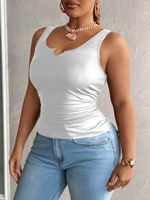 Slaydiva Plus Size Casual All-Match Black Faux Leather Cami Top With Deep U-Neck And Racerback - Silver - View 4