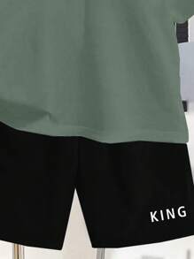 SHEIN Leap Crew Conjunto informal de 2 piezas para niños preadolescentes con camiseta de manga corta y cuello redondo minimalista, y pantalones cortos, adecuado para el verano - Verde Oscuro - Ver 4