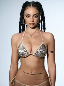 SHEIN Swim Event Women's Swimwear Tops With Festival Sequin Design, Suitable For Multiple Occasions - Gold - View 5