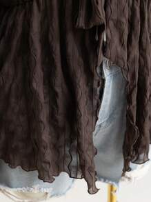 SHEIN WYWH 大码女式卡其色针织纹理网眼前开襟系腰喇叭袖衬衫 - 咖啡棕 - 查看 9