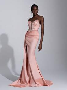 SHEIN Belle 优雅华丽的珊瑚粉色奢华缎面手工钻石链露肩系带褶皱性感开叉鱼尾带飘带和拖尾下摆连衣裙适合约会单身派对鸡尾酒会毕业典礼正式场合晚礼服、礼服、晚会、婚礼宾客 - 粉色 - 查看 5