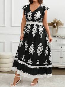 SHEIN LUNE 女士夏季连衣裙 大码 V 领无袖全印花简约休闲连衣裙 新年女装度假装 女士夏季装 女士生日装 情人节连衣裙 度假连衣裙 - 黑色 - 查看 5