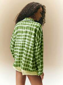 Poéselle Women's Tie-Dye Drop Shoulder Long Sleeve Single Button Casual Shirt - Green - View 5