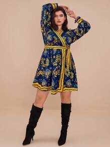 Travachic Plus Size Women's Tropical Plant Print Long Sleeve Dress, Vacation - Blue - View 3