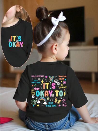 少女“没关系”彩虹蝴蝶、星星、雏菊、樱桃印花可爱黑色圆领短袖T恤