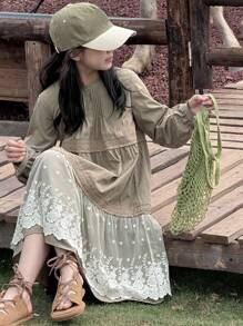 DAZY Mid-Length A-Line Princess Lace Patchwork Solid Color Crew Neck Long Sleeve Tween Girl Dress - Army Green - View 2