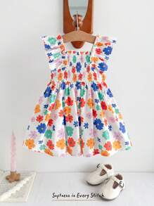Cozy Pixies Sukienka dla dziewczynki z kwadratowym dekoltem w kwiaty i falbanką, z marszczeniami i ściągaczem w talii, na wiosnę