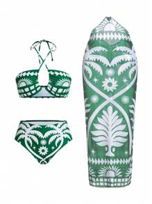 Swim Oasis 女士露背褶皱棕榈树绿色轮廓热带度假海滩高端优雅波西米亚风泳装套装，春夏