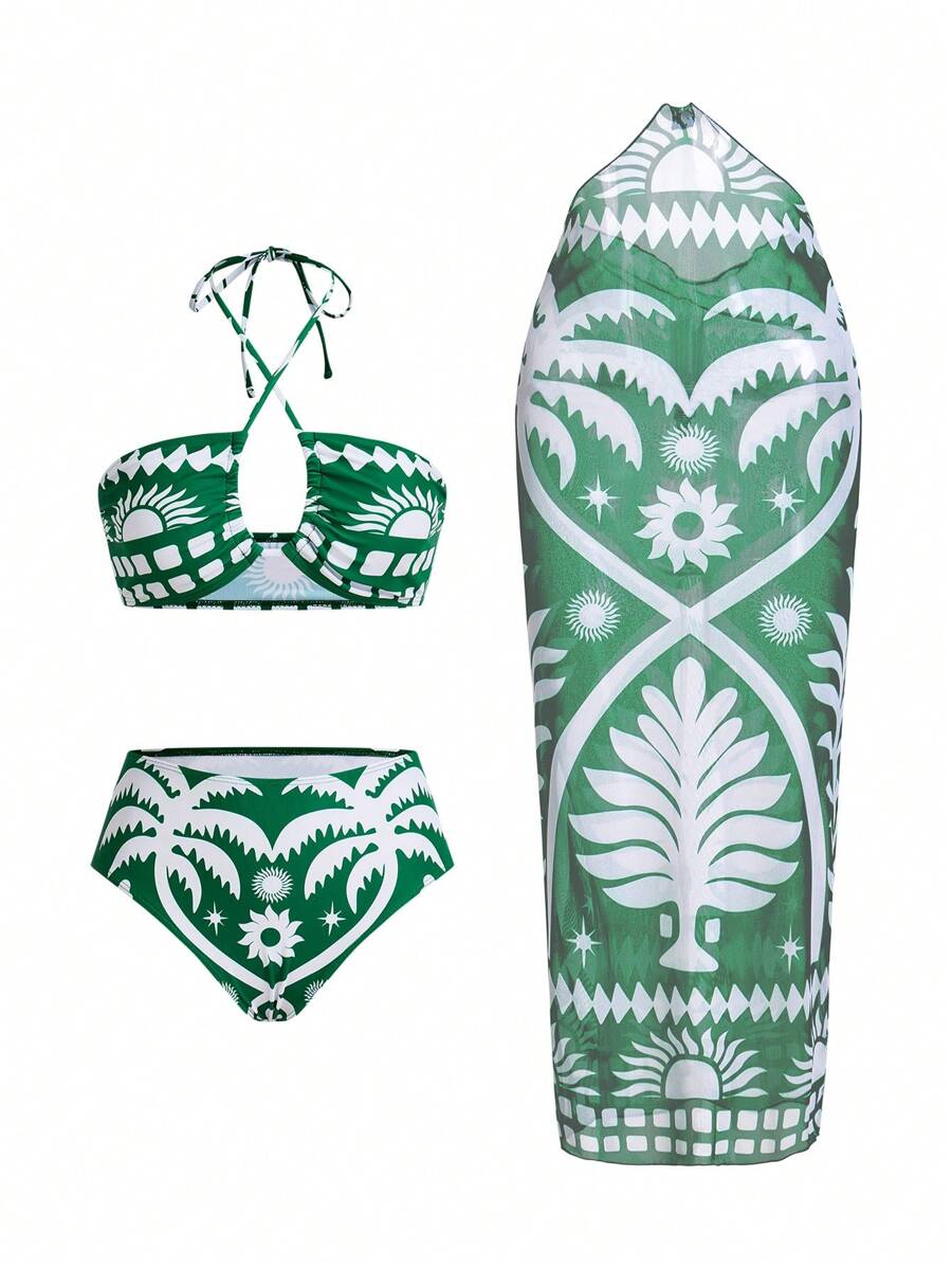 Swim Oasis 女士露背褶皱棕榈树绿色轮廓热带度假海滩高端优雅波西米亚风泳装套装，春夏