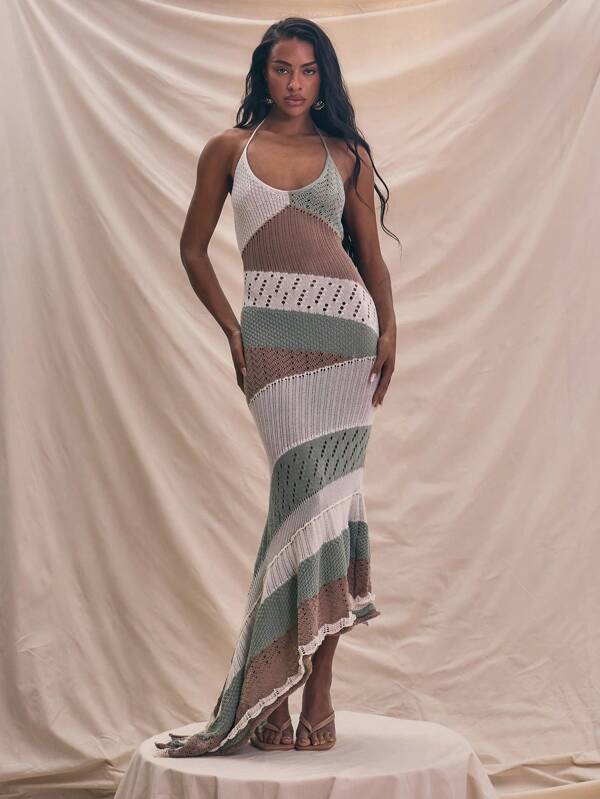 MUSERA Rochie maxi mulată din tricot contrastant, cu decolteu halter, rochie de vară tip vacanță, model moale, model plajă Ibiza