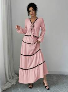 Rafferiza 2 件套：法式优雅灯笼袖纹理荷叶边蝴蝶结衬衫和裙子