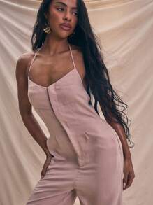 MUSERA Bộ jumpsuit ống rộng dệt kim cổ yếm hai dây, thích hợp cho mùa xuân hè, đi nghỉ mát, phong cách thường ngày, thanh lịch, lễ Phục sinh. - Màu Khaki - Xem 5