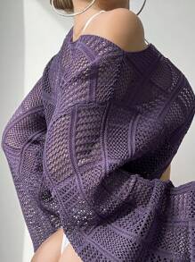 Swim Chiccia Women's Vacation Solid Color Hollow Long Sleeve Cropped Chiffon Cover Up Top For Summer - Violet Purple - View 3