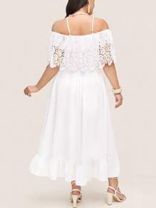 Comfylo 大码女式优雅撞色蕾丝插袋长裙 - 白色 - 查看 3