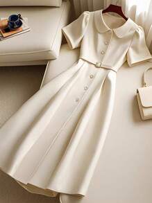 Chiquease 女式纯色彼得潘领泡泡袖单排扣迷你连衣裙 - 白色 - 查看 3