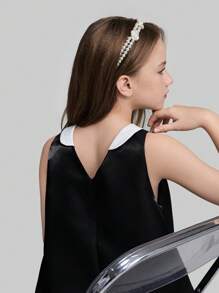 Ontre Vestido pullover sencillo y versátil para niñas preadolescentes de primavera/verano, con cuello acanalado, espalda en V, línea A, adorno floral en el frente de satén, para salidas, hogar, escuela y fiestas - Negro - Ver 3