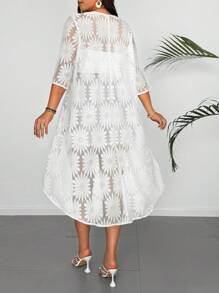 SHEIN LUNE Plus Size Asymmetrical Hem Semi-Sheer Embroidered Lace Cover Up - White - View 2