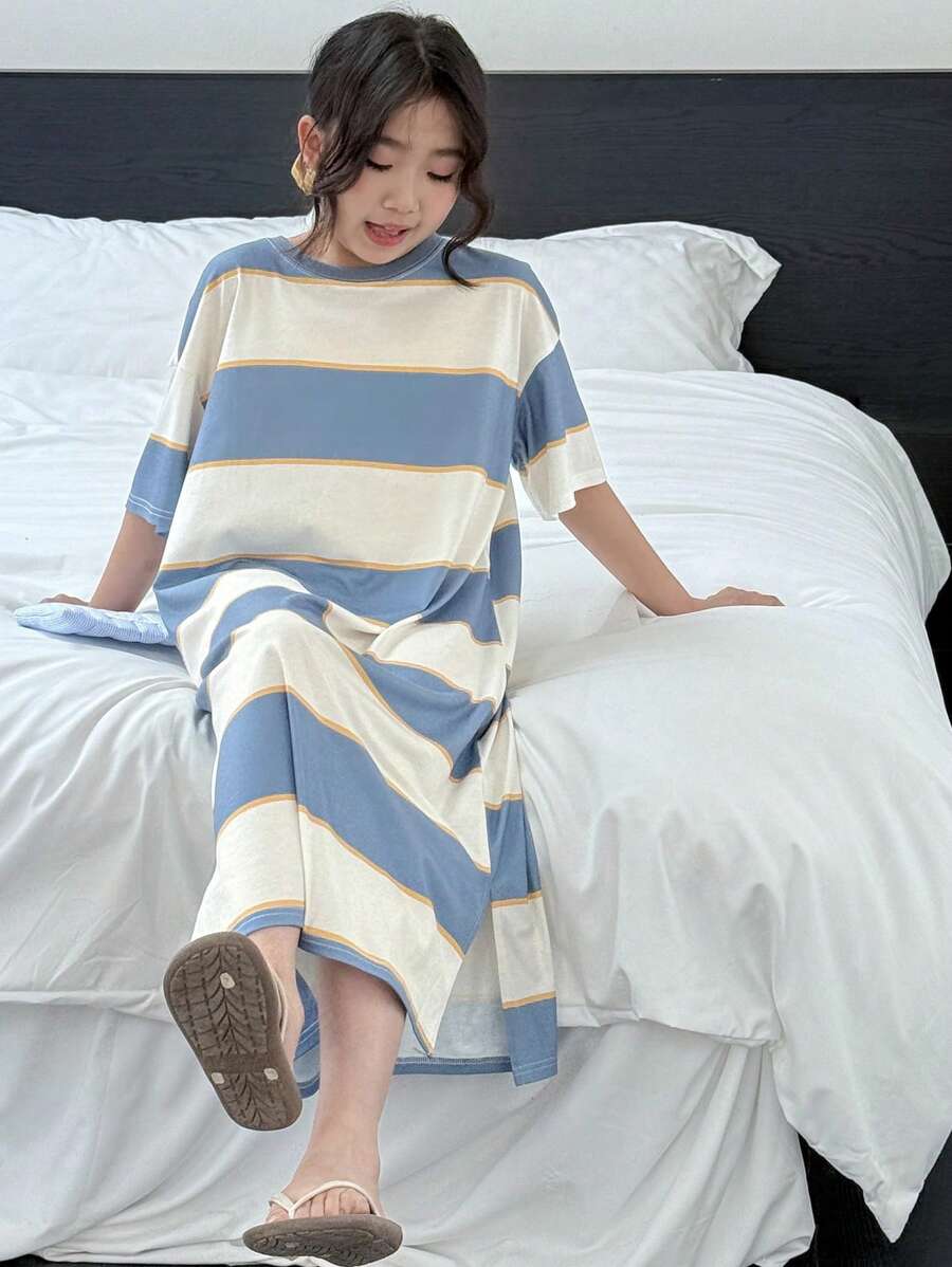 Dazy Kids 青少年女孩条纹短袖针织家居服套装，夏季 - 藍色 - 查看 1