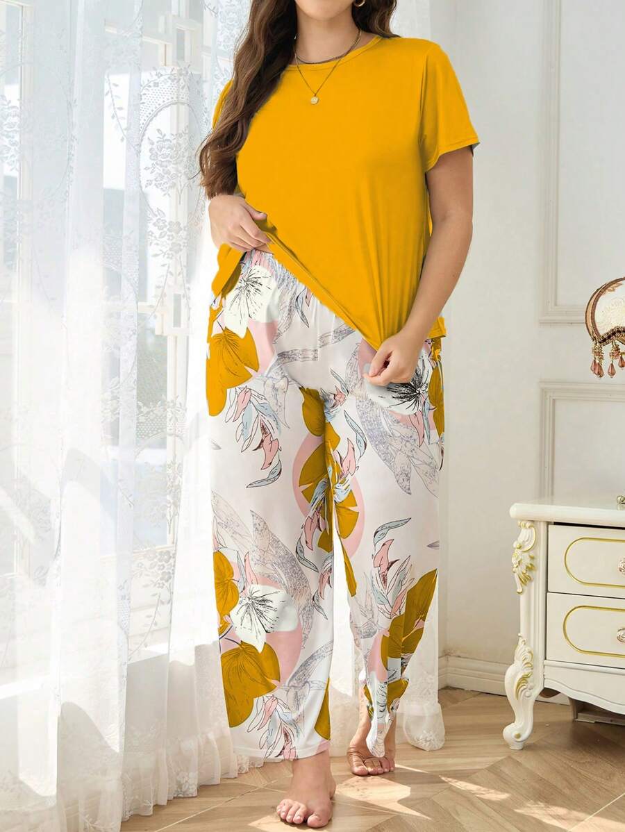 Plus Size Women Plant Print Short Sleeve Top And Pants Pajama Set, Outfits - Yellow - View 1