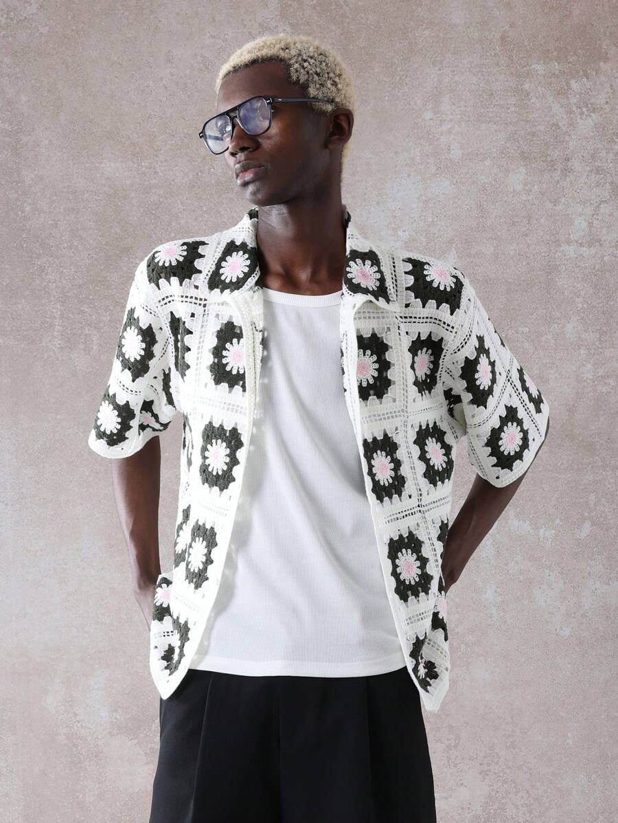 SUMWON Crochet Floral Pattern Boxy Shirt Handmade Granny Square Summer Knit Top Festival Boho Casual Wear Spring Fashion Street Style - Beige - View 1