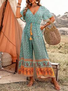 LanaWest Plus Size V-Neck Straight Jumpsuit With Short Sleeves - Multicolor - View 3