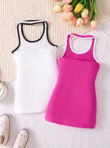 SHEIN Playful Pals 2 件套女婴休闲运动街头装简约字母印花无袖连衣裙，适合外出、春夏季 - 彩色 - 查看 2