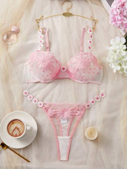 2件套女士性感内衣文胸和内裤套装带刺绣蕾丝